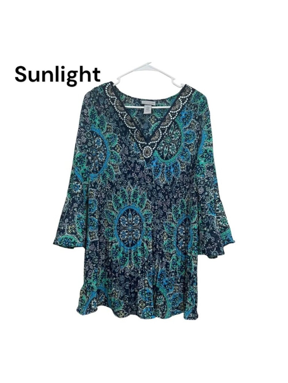 CATHERINES Women SZ 0X(14/16W) Accordion Pleat Tunic Top Bell Sleeve Embellished